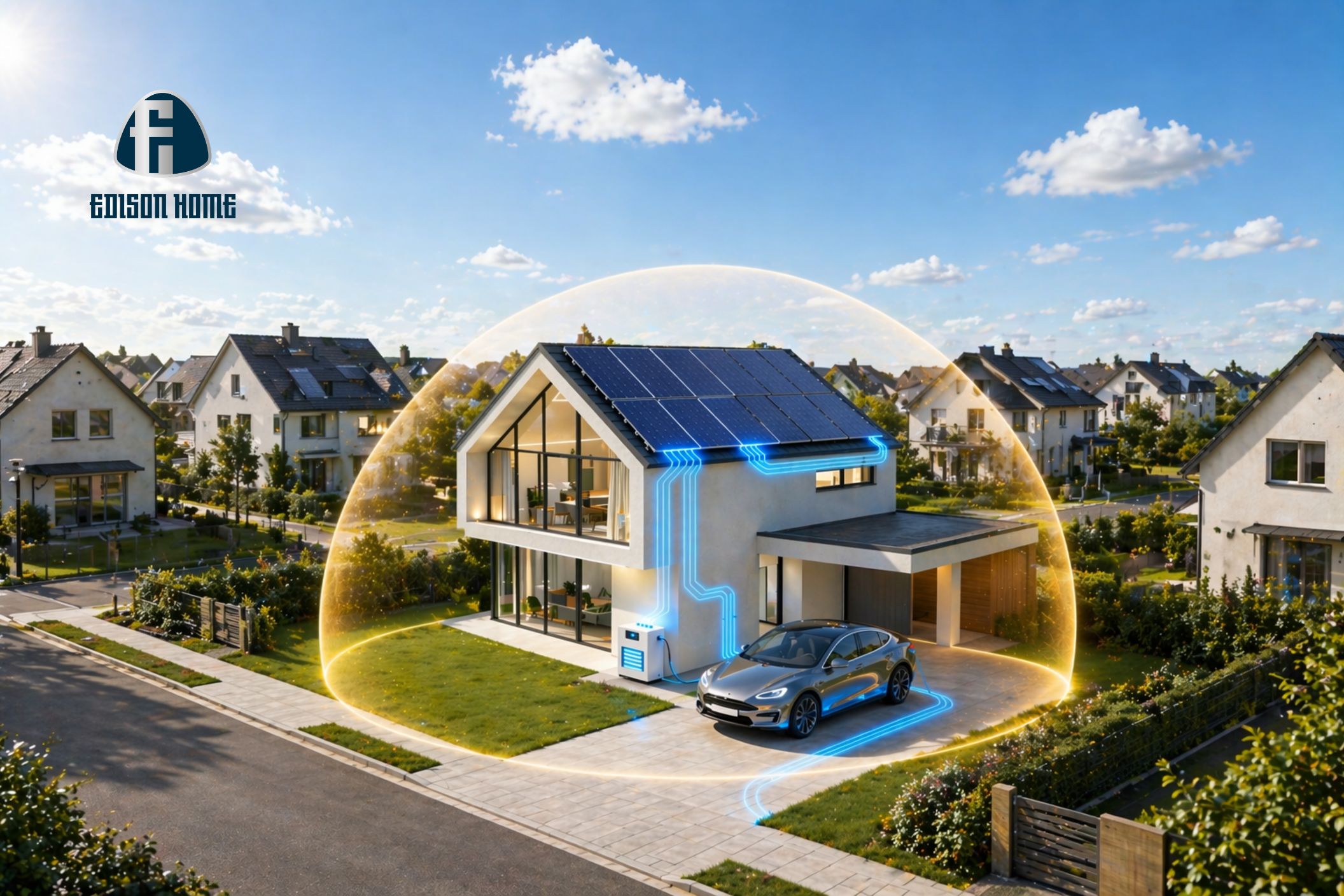 Kertvárosi ház átgondolt energiai ökoszisztémával: napelemmel a tetején, elektromos autó töltővel, energiatárolóval.